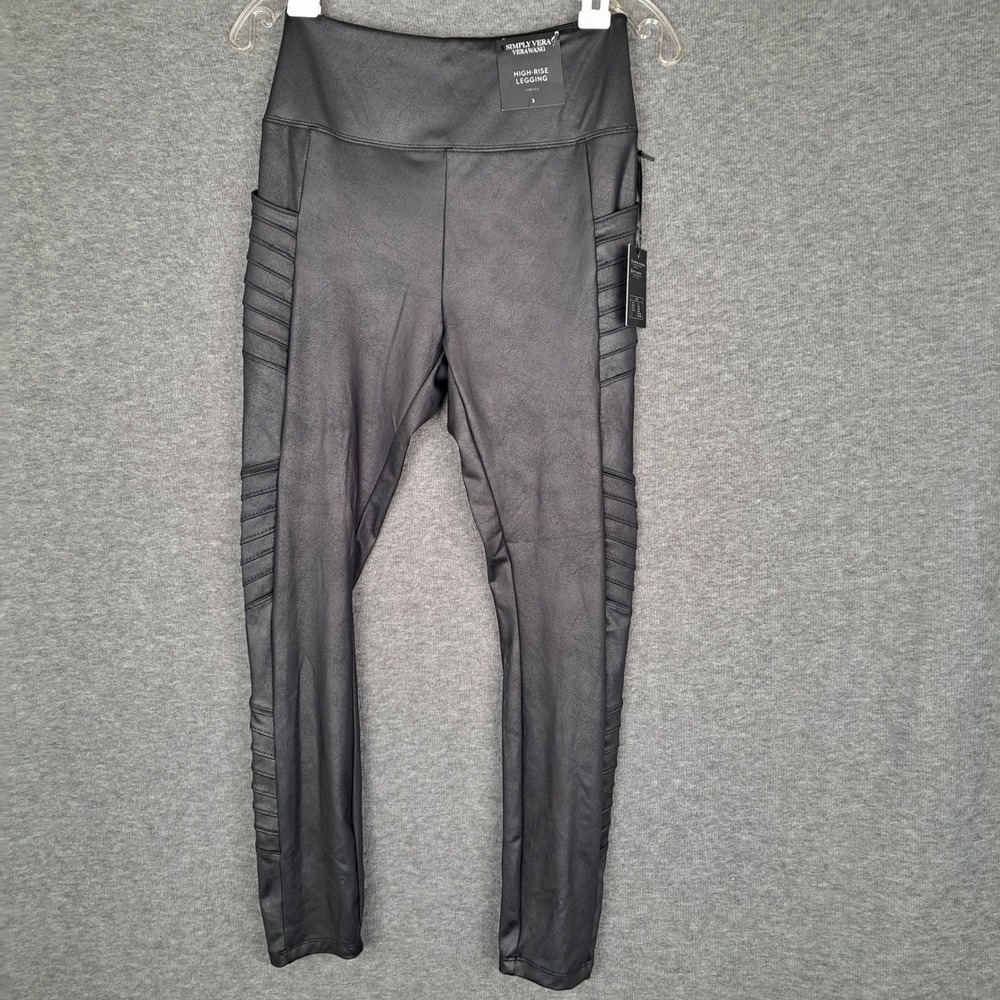 Simply Vera Vera Wang Faux Leather Leggings Womens Small Black Moto Shaping New